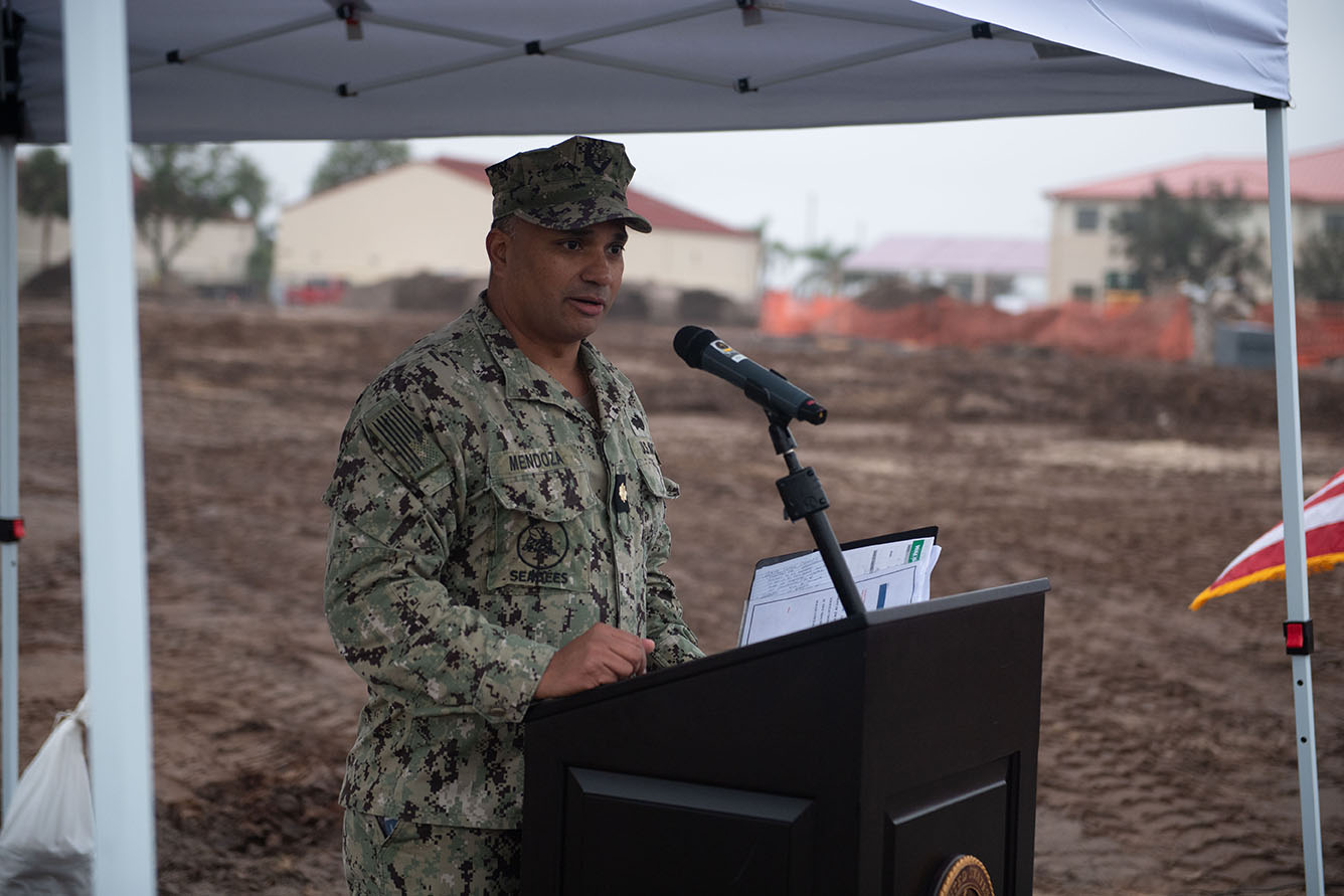 Lt. Cdr. Damian Mendoza speaking at groundbreaking ceremony.