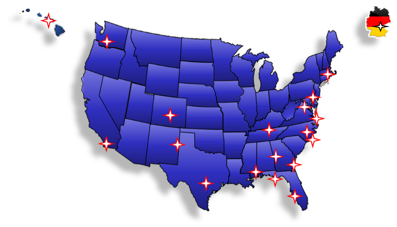 Graphic highlighting areas where USSOCOM Recovery Care Coordination Sites are located in the mainland United States of America, Hawaii, and Germany