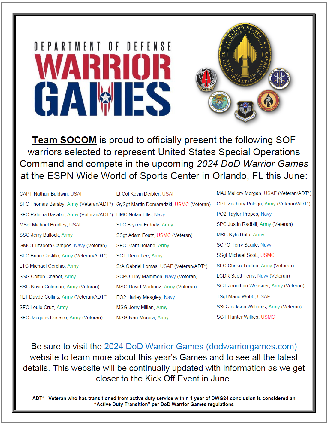 2024 DoD Warrior Games Challenge Team SOCOM Announcement PDF