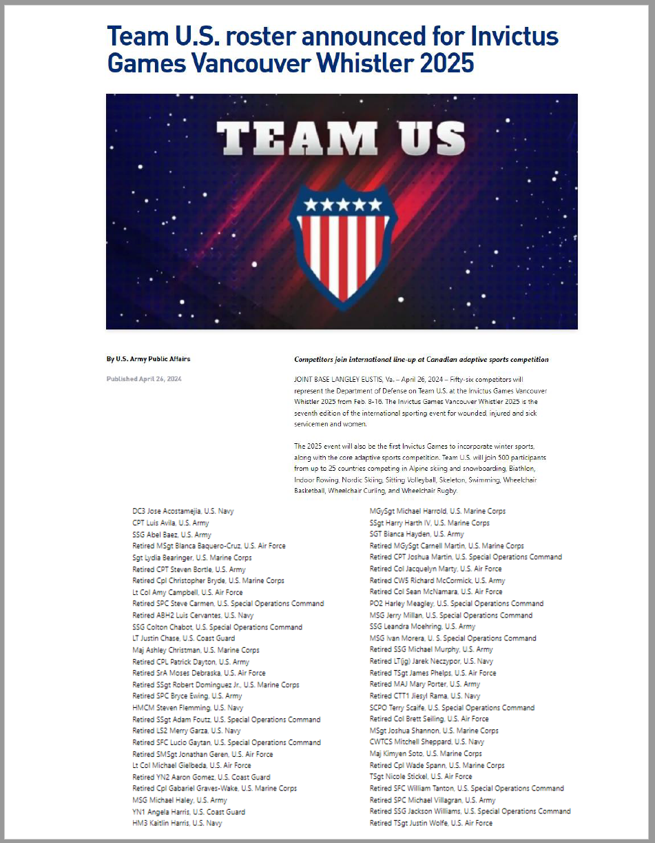 2025 DoD Warrior Games Challenge Team US Announcement PDF